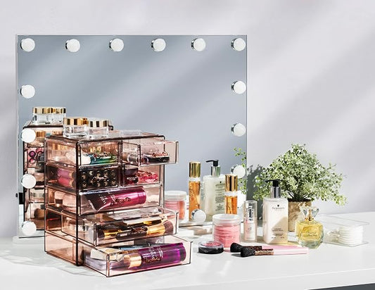 Sorbus Acrylic Makeup Organizer Set, 6-Drawer Vanity & Countertop Cosmetic Storage with Small & Wide Drawers, Bronze Glow Makeup Storage for Brushes, Lipsticks, Jewelry, Holiday Gift for Women & Teens