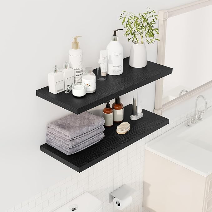 Dreamland 32" Floating Shelves for Wall, 12" Deep Slim Black Floating Shelves, Wall-Mounted Shelves for Bedroom, Living Room, Kitchen, Bathroom - Set of 2