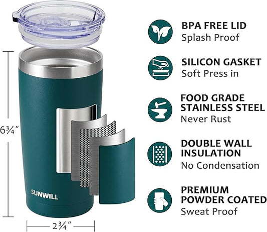 SUNWILL Travel Coffee Mug with Lid, 20 oz Tumbler Set of 2, Insulated Stainless Steel Cup for Drinks, Water, Tea, Powder Coated Forest Green & Plum