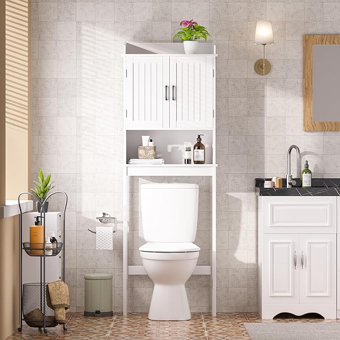 VEIKOU Over The Toilet Storage Cabinet, Bathroom Cabinet, Freestanding Over The Toilet Storage/Adjustable Shelf Rack, White