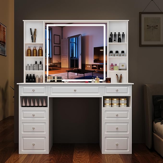 Makeup Vanity Desk with Mirror and Lights, 47" Large Vanity Table with 9 Drawers & 10 Open Storage Shelves, Brightness Adjustable, Dressing Table for Bedroom, Women Girl (White, A Panel)