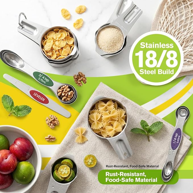 ChefAide Measuring Cups and Spoons Set, 304 Stainless Steel Measuring Cups Set of 7,8 Magnetic Stainless Steel Measuring Spoons & 1 Leveler for for Measure Dry and Liquid Ingredients