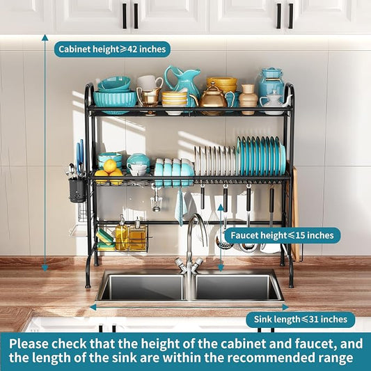 HOWDIA 3-Tier Over The Sink Dish Drying Rack,Stainless Steel Dish Rack with Cutlery Holder & Chopping Board Rack, 33.9” x 11.4” x 32.3” for Maximum Kitchen Storage(Black)