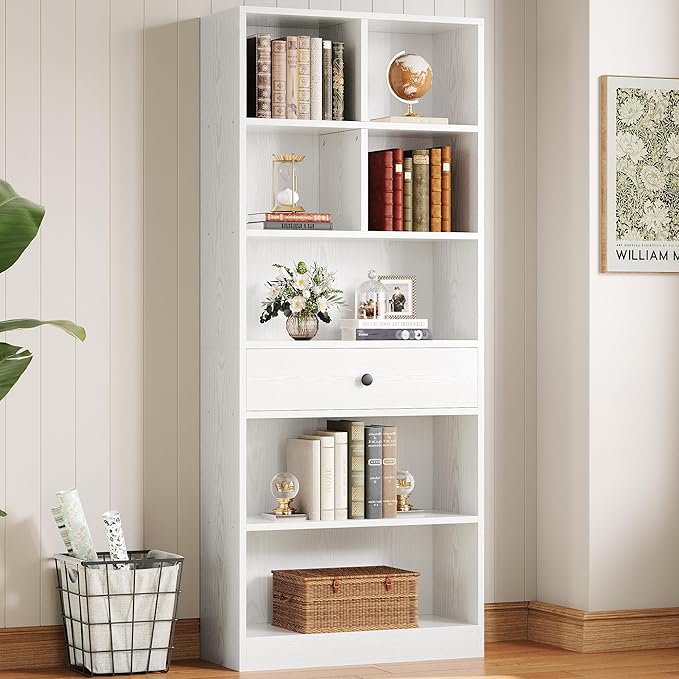 IRONCK Bookcase and Bookshelves, 70" Tall Bookshelf Floor Standing 6 Tiers Display Storage Shelves, Book Shelf with Drawers for Home Office, Living Room, Bedroom, Library, White