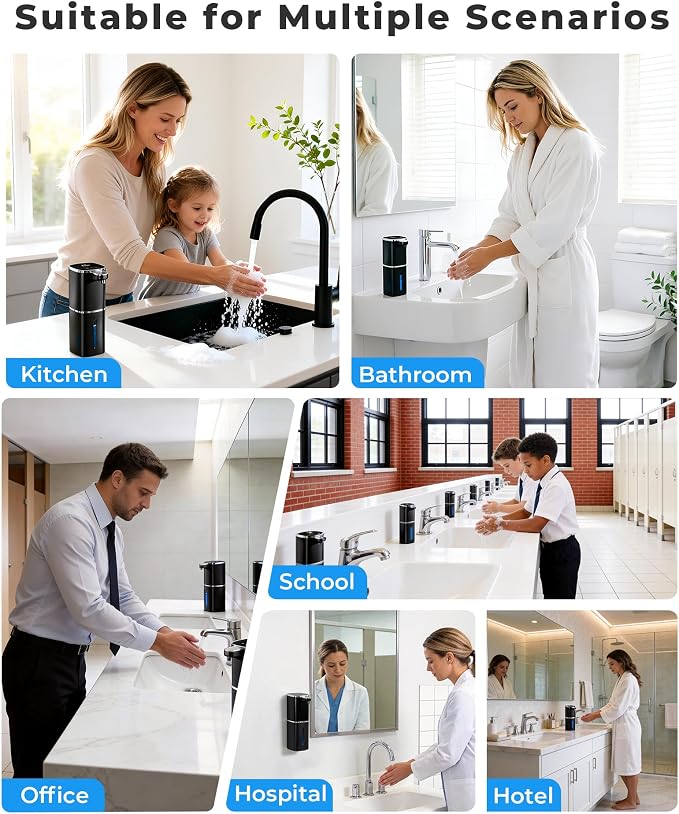 2 Pack Automatic Foaming Soap Dispenser, 13.5oz/400mL, USB Rechargeable,9- Adjustable Foam Levels, IPX5 Waterproof, Touchless & Wall/Tabletop Use for Kitchen Bathroom, Black