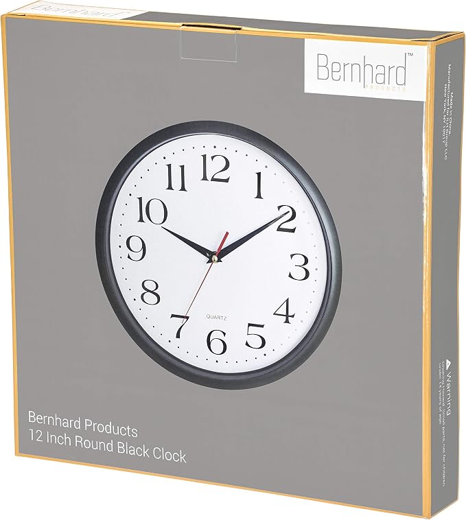 Bernhard Products Black Wall Clock Silent Non Ticking 12 Inch Quality Quartz Battery Operated Round Easy to Read Home/Office/Kitchen/Classroom/School Clocks