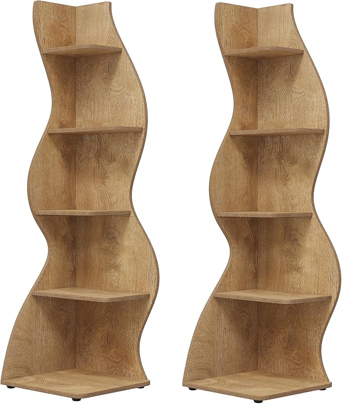 Tribesigns Corner Shelf, Modern 5-Tier Wall Corner Bookshelf, Stylish Corner Small Bookcase Storage Rack Plant Stand with Unique Shape for Living Room, Home Office (Light Brown, 2PCS)