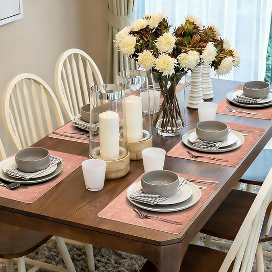 Maxpearl Faux Leather Placemats Set of 4 - Waterproof - Wipe Clean - Heat Resistant - Anti Slip Dining Table Place Mats, Suitable for Indoor & Outdoor Use, 17’’×12’’, Peachy Pink