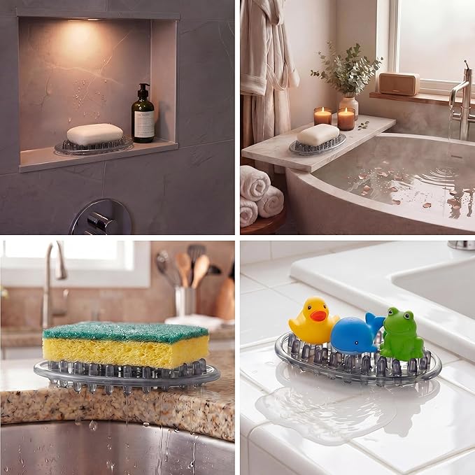 4 Pcs Plastic Soap Holder Soap Dish Bar Saver Tray with Holes Sponge Holder for Kitchen Bathroom Shower Counter, 4.5 x 3 x 0.7 Inches (Light Gray)