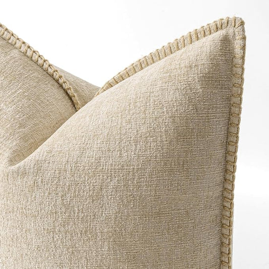 MIULEE Pack of 2 Couch Throw Pillow Covers 20x20 Inch Beige Farmhouse Decorative Pillow Covers with Stitched Edge Soft Chenille Solid Dyed Pillow Covers for Sofa Bed Living Room