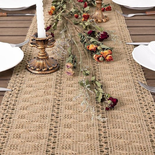 Socomi Boho Table Runner Valentine's Day Farmhouse Burlap Jute Bamboo Rustic Dining Kitchen Centerpiece Decor Small Macrame Woven Coffee Table Runner for Dresser Scarf Home Decor 12x72 inch