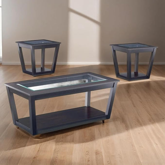 GTU Furniture 3Pc Glass Top Black Cocktail Coffee & End Table Set