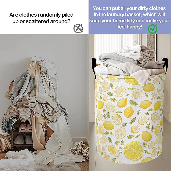 Yellow Lemon Laundry Hamper Large Canvas Fabric Lightweight Storage Basket/Dirty Clothes Collapsible Waterproof for College Dorms, Boys and Girls Bedroom,Bathroom