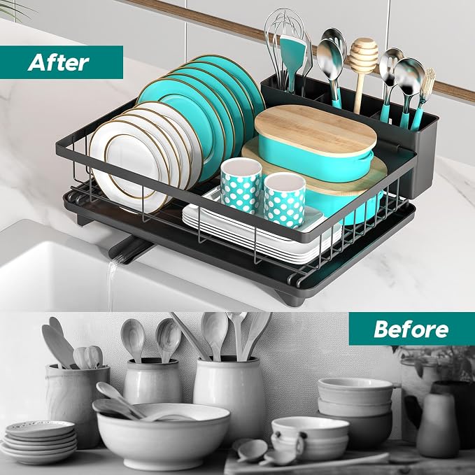 MERRYBOX Dish Racks for Kitchen Counter, 2025 Upgrade Large Sink Dish Drying Rack with 3-Compartment Utensil Holder 16.8" D x 13" W x 5.71" H