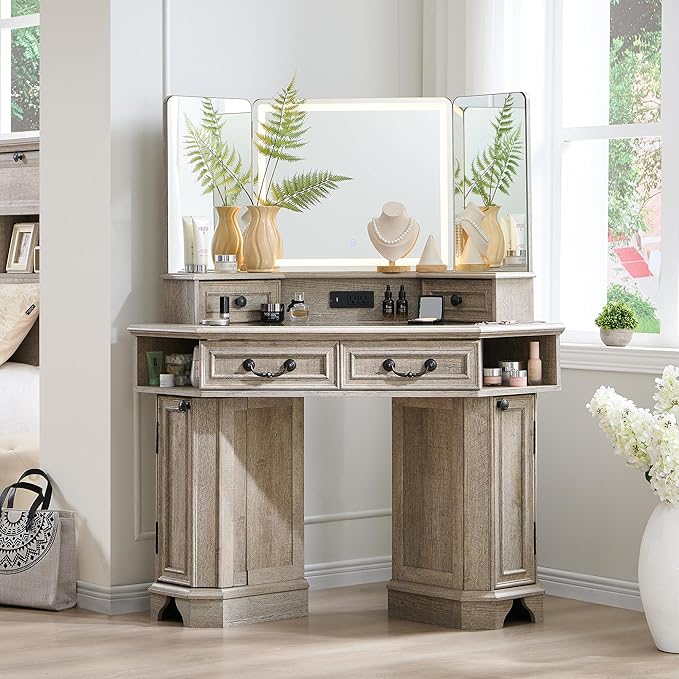 T4TREAM Makeup Vanity Desk 48" with 3 Way Mirror and Lights, Large Farmhouse Corner Vanity Dressing Table with Glass Top & Charging Station, 3 Drawers & 2 Storage Cabinets, Light Rustic Oak