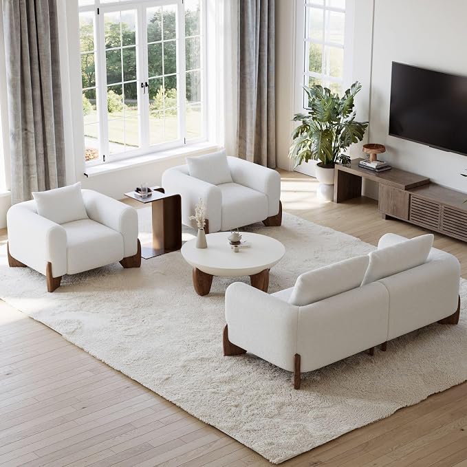 homary Round Concrete Coffee Table with Premium Walnut Ash Wood Legs, Modern Minimalist Cement Finish Center Table for Living Room (Beige, 37.4" W x 37.4" D x 14.4" H)