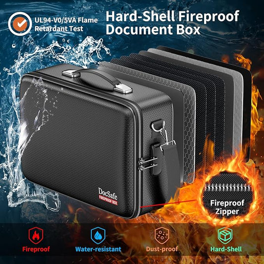 DocSafe Fireproof Document Box with Lock&Shoulder Strap, Hard-Shell Case File Organizer with Accordion File Folder, Multi-Layer Portable Home Office Travel Safe Storage for Important Documents Laptop