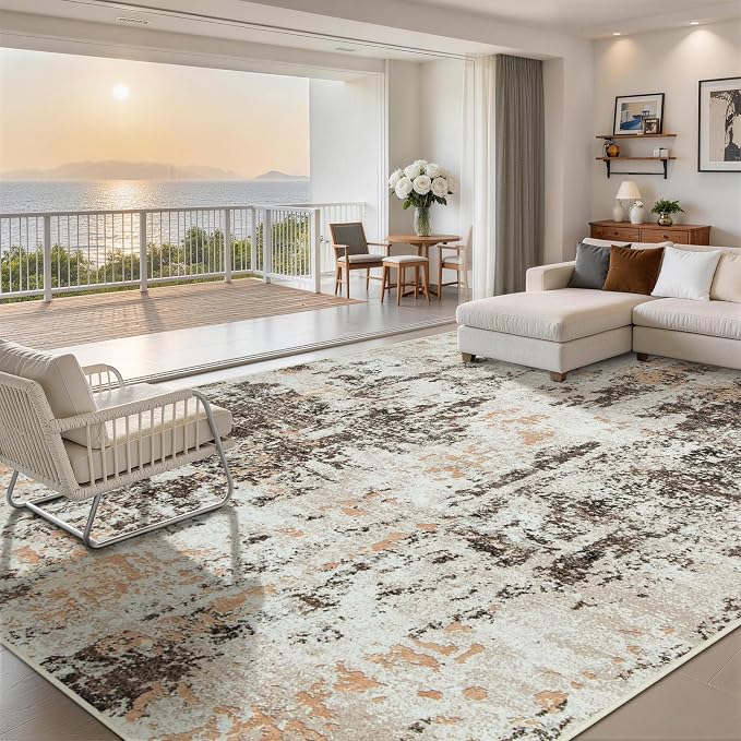 10x14 Area Rugs for Living Room Rug Washable: Abstract Large Rug Indoor Modern Carpet Non Slip for Dining Room Bedroom Nursery Home Office Brown Beige