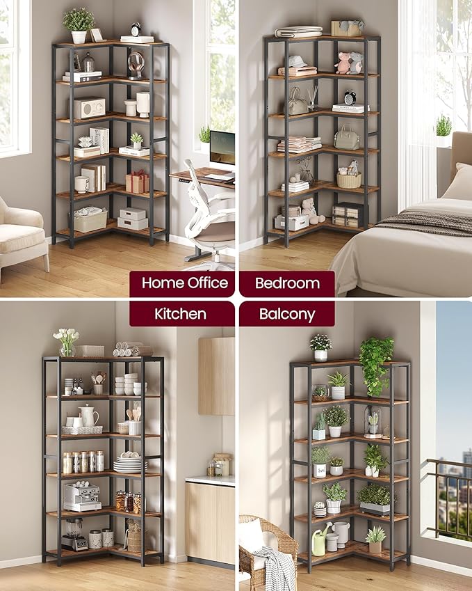 VASAGLE 6 Tier Bookshelf with Metal Frame, Convertible Industrial Corner Shelf, 9.4 x 40.2 x 69 Inches, for Living Room, Bedroom, Home Office, Rustic Brown and Ink Black ULLS606K01