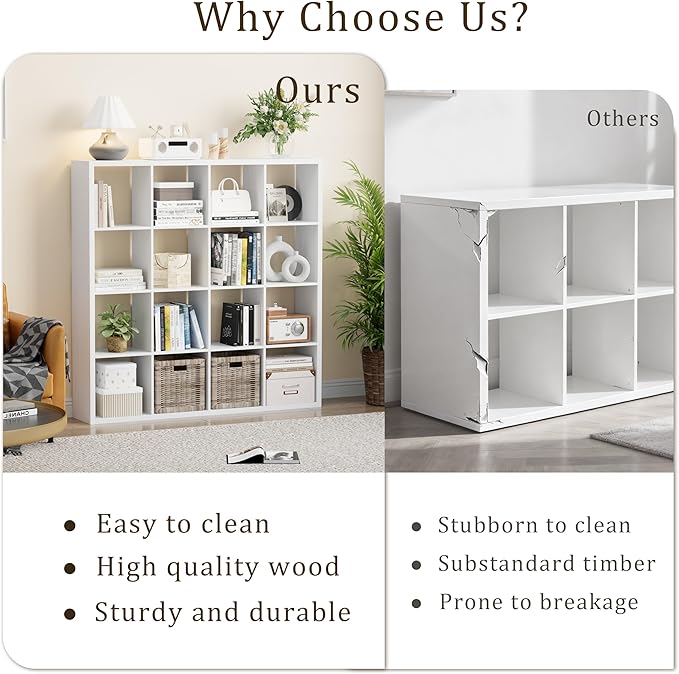Cube Storage Organizer Bookcase, Decorative 11 inch Open Back Cubical Shelf with Thickened Border, Display Bookshelf for Living Room, Home Office, Sturdy Room (White, 16 Cube)
