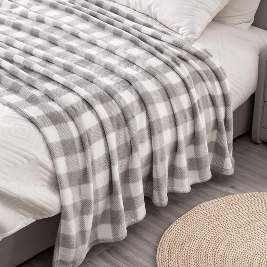 BEDELITE Plaid Fleece Twin Blanket for Couch & Bed, Grey & White Checkered Flannel Blanket, Cozy & Soft Buffalo Plaid Decor Blanket for Women, Men, 60"x80"