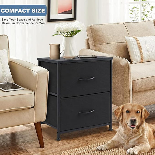 DUMOS Nightstand Small Dresser with 2 Fabric Drawers Side Tables Bedroom End Table Bedside Storage Furniture for 20 inch Tall Night Stand for Entryway, College Dorm, Classic Black