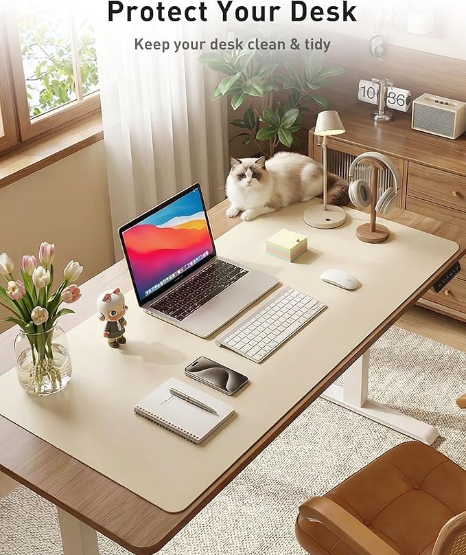 Aothia Faux Leather Desk Mat - Large Mouse Pad, Non-Slip PU Leather Blotter, Waterproof Writing Surface for Office and Home (Beige, 63" x 24")