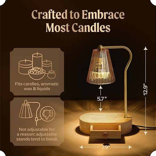 Candle Warmer Lamp with Timer & Dimmer, Natural Wooden Base with Drawer, Gold-Tone Metal Stand, Extra Bulb Included, Candle Warming Lamp, Electric Candle Wax Warmer