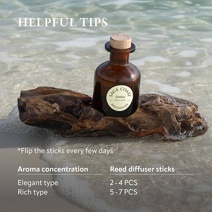Soréva Sage and Sea Salt Reed Diffuser Set, Plant-Based Oil, Coastal Herbal & Clean Marine Scent, Long-Lasting Luxury Home Fragrance & Office Decor, Relaxing Aromatherapy Gift Set, 7 Reeds, 4.39 fl oz