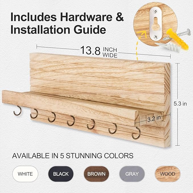 Decorative Key Holder for Wall with Shelf, Entryway Shelf with Hooks Holds Leashes, Jackets and Glasses – Sturdy Wood Keyholder Entrance Hanger with Mounting Hardware (Wood, Large)