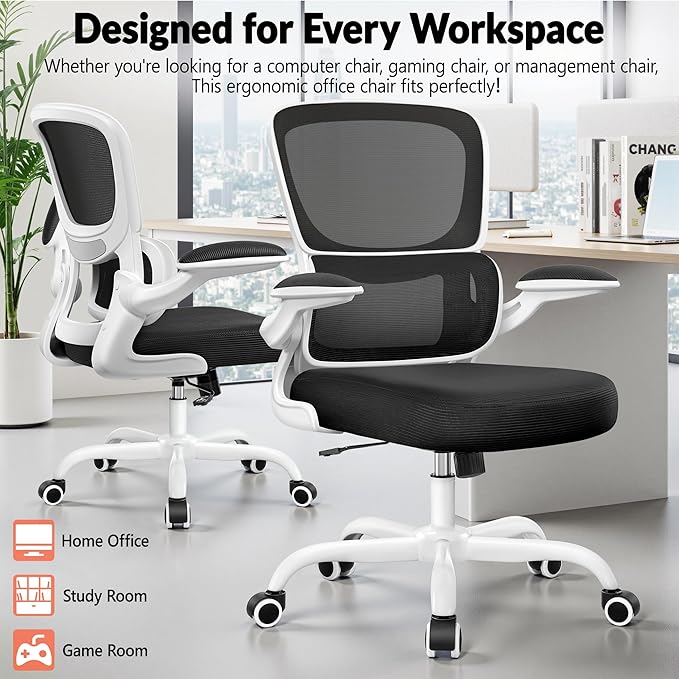 Office Chair Ergonomic Desk Chair, Breathable Mesh Comfy Chair with Lumbar Support, Computer Chair, Home Desk Chair with Flip-up Armrests, Gaming Chair for Adults Home Office (White)