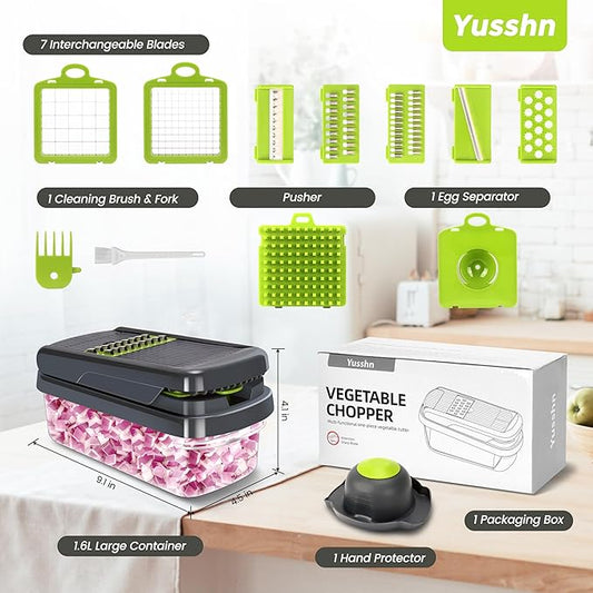 Yusshn Vegetable Chopper,12-in-1 Multifunctional Food Chopper,Professional Onion Chopper with 7 Blades,Vegetable Cutter with Container for Salad,Potato,Carrot,and Garlic; Essential Kitchen Tool(Grey)