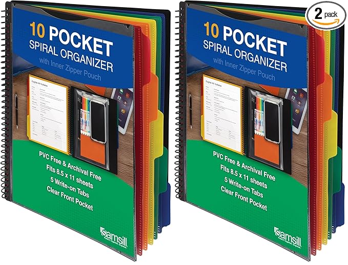 Samsill 10 Pocket Poly Organizer with 5 Dividers,File Folders Letter Size,Customizable Front Cover,Inner Zipper Pouch,Erasable Write-On Tabs in Assorted Colors,Plastic Folder with Pockets (Pack of 2)