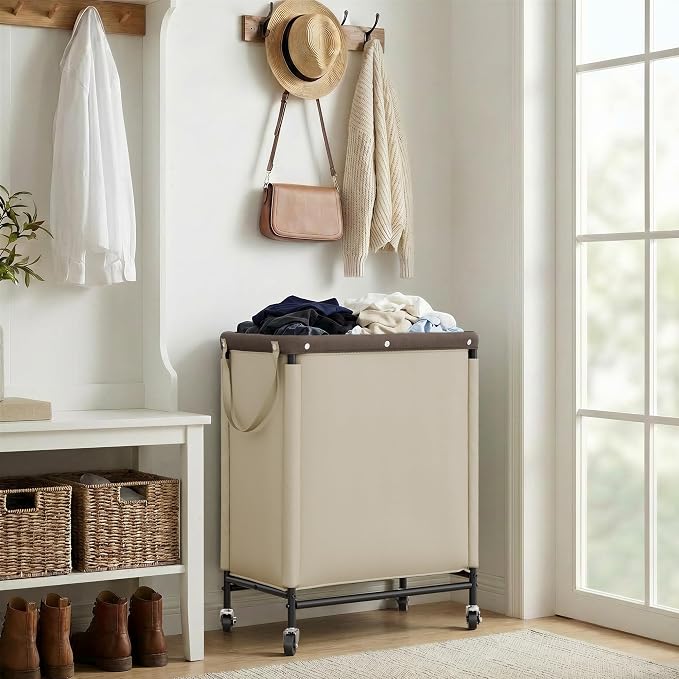 StorageWorks Laundry Hamper 2 Section, 100L Rolling Laundry Sorter Cart with Removable and Washable Liner Bag, Clothes Hamper with Wheels and Handle for Laundry Room and Bedroom, Light Khaki