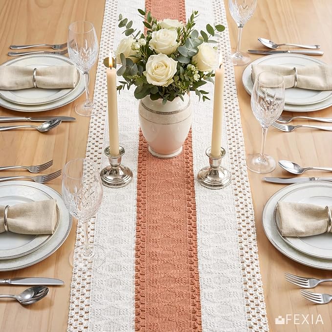 FEXIA Boho Table Runner for Summer Home Decor with Tassels 72 Inches Farmhouse Long Rustic Table Runner Macrame Burlap Centerpieces for Tables Decoration for Living Room Coral (12x72 Inches)
