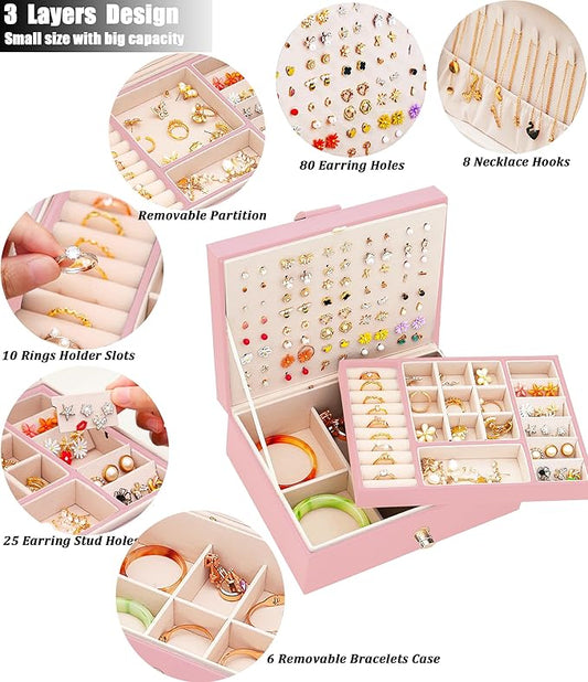 QBestry Girls Jewelry Box Earring Holder Organizer for Girls Earring Organizer Teen Jewelry Box Organizer for Girl Pink jewelry Boxes for Earrings Necklaces Rings Stud Earrings Box Organizers Teens
