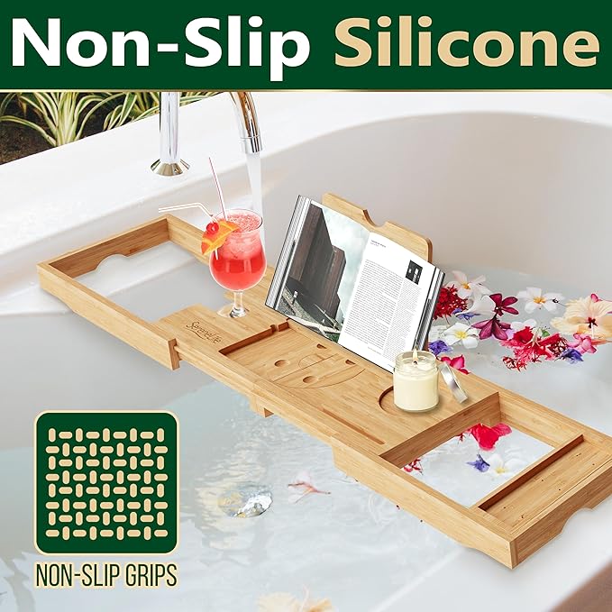 SereneLife Premium Bathtub Tray Caddy, Expandable Bath Tray, Unique House Warming Gifts, Gift for Mom, Women, New Home, Wedding, Anniversary, Bridal Shower, Universal Fit for All Tub - Natural,Folding