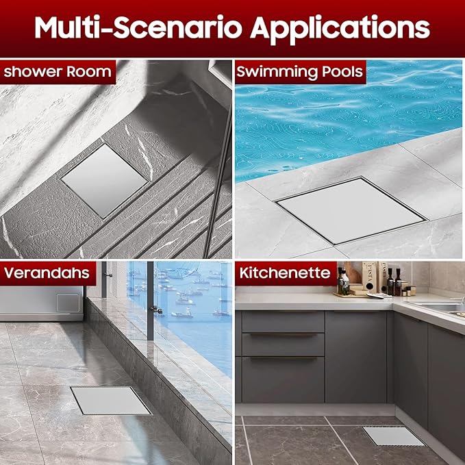 DLONE Square Shower Drain | 6 Inch AISI 304 Stainless Steel Shower Drain with Tile Insert Panel, Shower Floor Drain in Bathroom, Balcony etc (Brushed Nickel)
