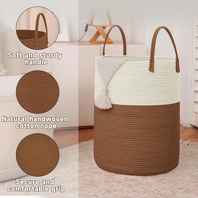JMvicyroam Large Woven Laundry Basket Hamper,80L Cotton Rope Storage Bin for Blankets,Toys and Clothes,Decorative Tall Nursery Hamper for Living Room,Baby Nursery,Bathroom and Bedroom,White and Brown