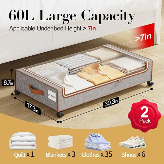 Yecaye Under Bed Storage with Wheels, 2 Pack Under the Bed Storage Containers with Lids & Label, XXL 60 L Rolling Underbed Storage Drawers for Clothes, Blankets, Shoes