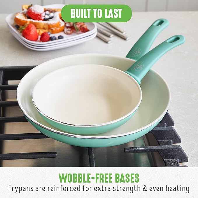 GreenLife Non Stick Fry Pan Set 7" & 10", Non-Toxic PFAS-Free Ceramic Skillet, Dishwasher & Oven Safe, Egg Omelet Frying Pan, Stay- Cool Handles, Kitchen Home Cooking Essentials, Turquoise (Pack of 2)