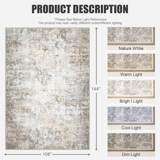 9x12 Area Rug Living Room Rug: Washable Modern Abstract Soft Thin Rug Indoor Floor No Slip Stain Resistant Carpet for Bedroom Dining Room Farmhouse Nursery Home Office - Brown Grey