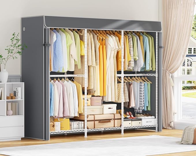 E14C Heavy Duty Closet Organizer System,Freestanding Clothing Racks for Hanging Clothes,Adjustable Garment Rack 70.1" W × 16.6" D × 76.4" H Hold 960 lbs,White Rack with Grey Dustproof Cover