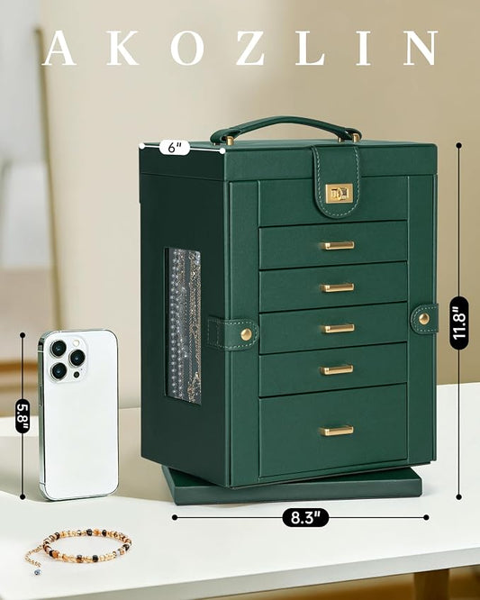 AKOZLIN 6-Tier Jewelry Box Organizer Functional 5 Drawers Leather Jewelry Storage Case for Women Girls Ring Necklace Earring Bracelet Holder Organizer with Mirror Green 360° Rotating