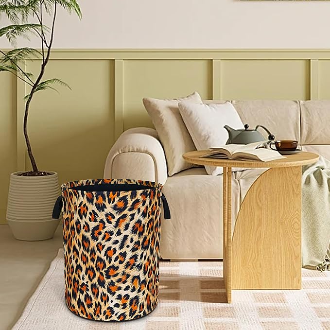 Brown Black Leopard Print Laundry Basket Funny Foldable Waterproof Oxford Cloth Tote Bag Laundry Hamper Large Clothes Storage Bucket Toy Organizer For Bathroom/Laundry Storage/Bedroom 18.9x16.5 Inch