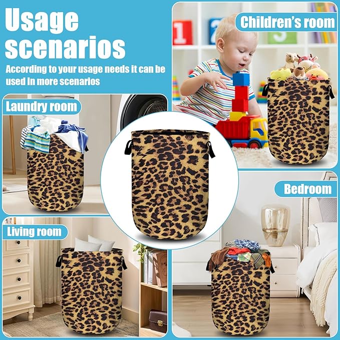 Brown Leopard Laundry Basket, Laundry Hamper Collapsible Oxford Cloth with Handle Clothes Toy Storage Bin for Bathroom Laundry Room Bedroom 15.7 X 20 Inch