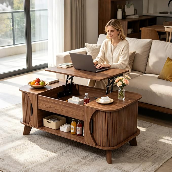 Lift Top Coffee Table with Storage, Wood Tabletop Center Table with Large Storage Shelf, Mid Century Modern Coffee Table for Living Room
