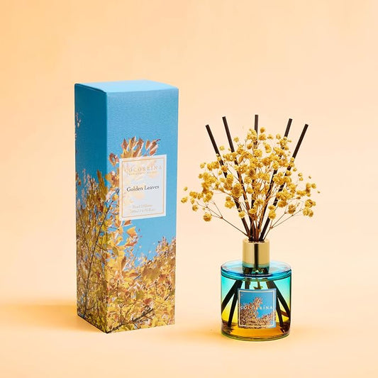 COCORRΓNA Reed Diffuser - Golden Leaves Reed Diffuser Set with 8 Sticks & Preserved Baby's Breath, Reed Diffuser for Home Bathroom Shelf Decor