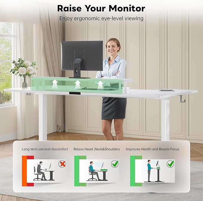 EnHomee 71 Inch Standing Desk Adjustable Electric with Monitor Stand, Computer Desk with Power Strip, Memory Height Home Office Desk for Home and Study Room, White
