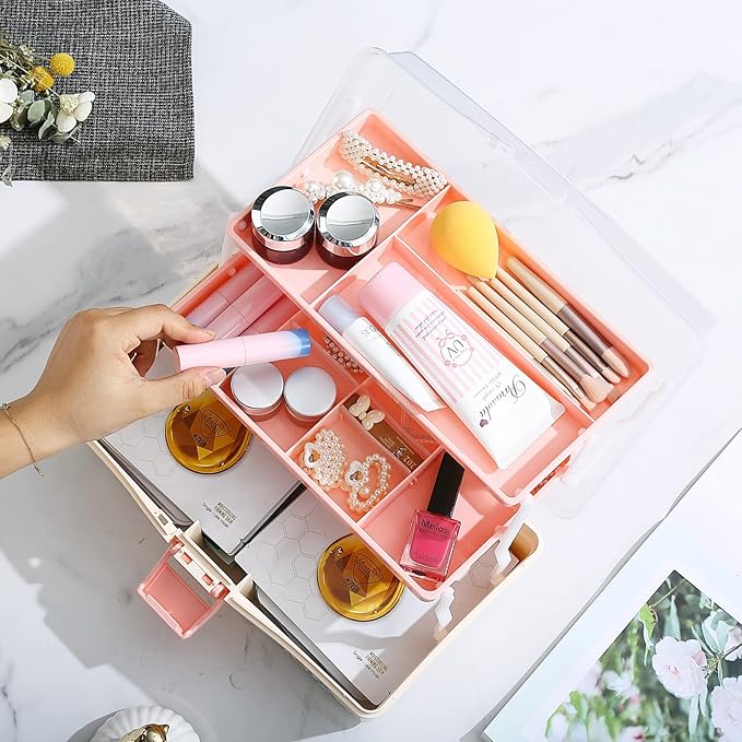 Kinsorcai 2PCS 12'' Three-Layer Clear Plastic Storage Box/Tool Box, Multipurpose Organizer and Portable Handled Storage Case for Art Craft and Cosmetic (White)